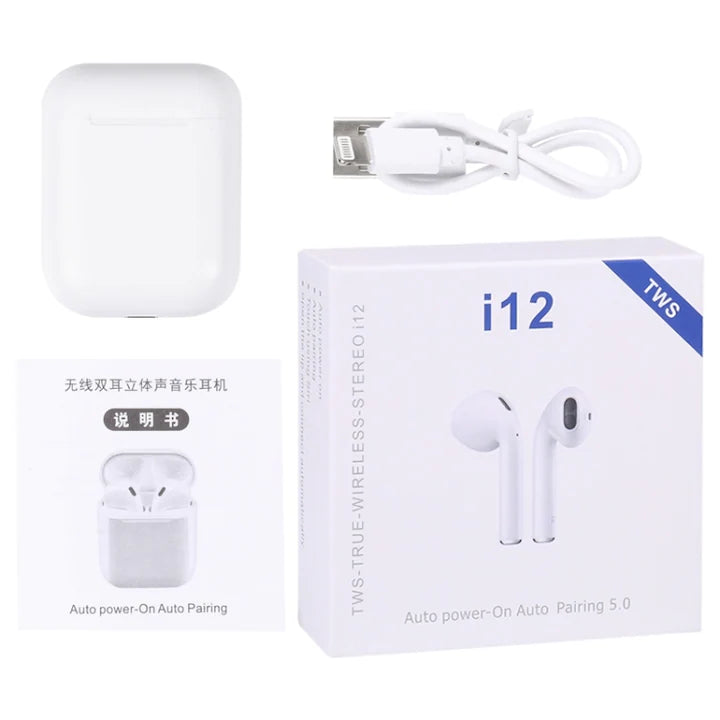 Casti fara Fir, WIRELESS, TWS i12 EDR, V5.0+, Profesionale, sunet 3D , compatibile cu orice telefon, Alb