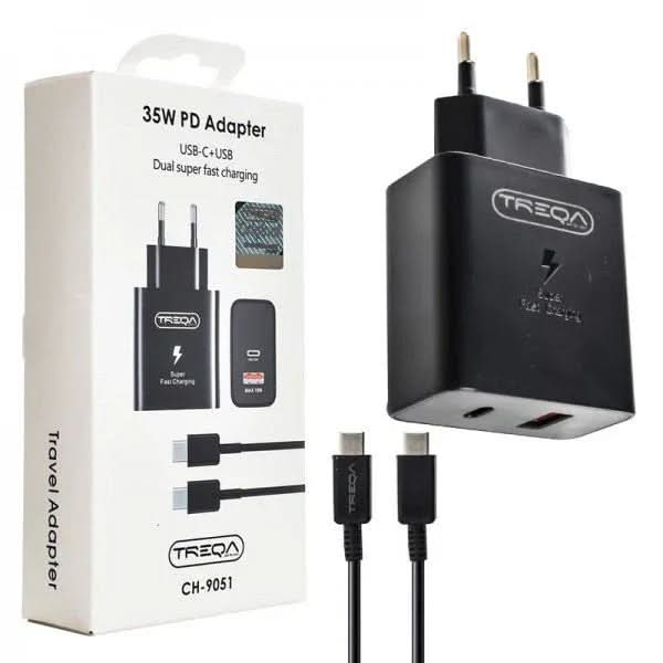 Încărcător Treqa 35W cu 2 porturi USB-C și USB, cablu inclus, negru, disponibil pe mattale.ro