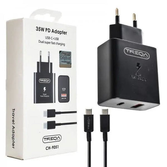 Încărcător Treqa 35W cu 2 porturi USB-C și USB, cablu inclus, negru, disponibil pe mattale.ro