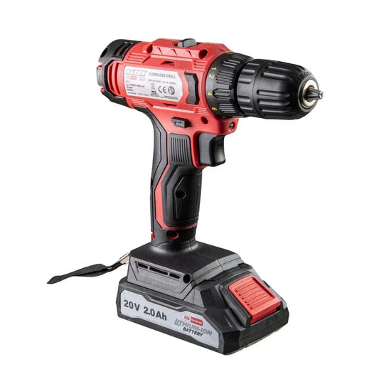 Mașină de găurit și înșurubat Raider R20, 20V, 2x2Ah, pe fundal alb, disponibilă pe mattale.ro