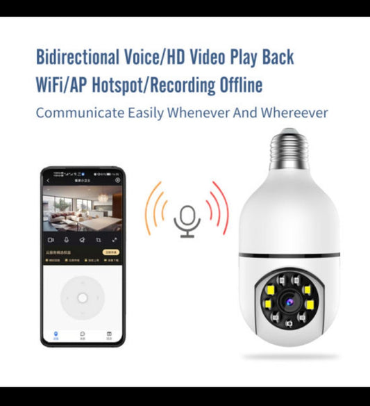 Cameră panoramică WiFi 360° cu montaj tip bec + SD card 8 gb CADOU