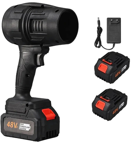 The Turbo Suflanta Portabila – Cu Acumulatori, Încărcător și Geantă de Transport is a black cordless pistol-style blower labeled 48V MAX POWER LINK SYSTEM, with trigger, two batteries, and charger—ideal for aprindere rapidă foc grătar.