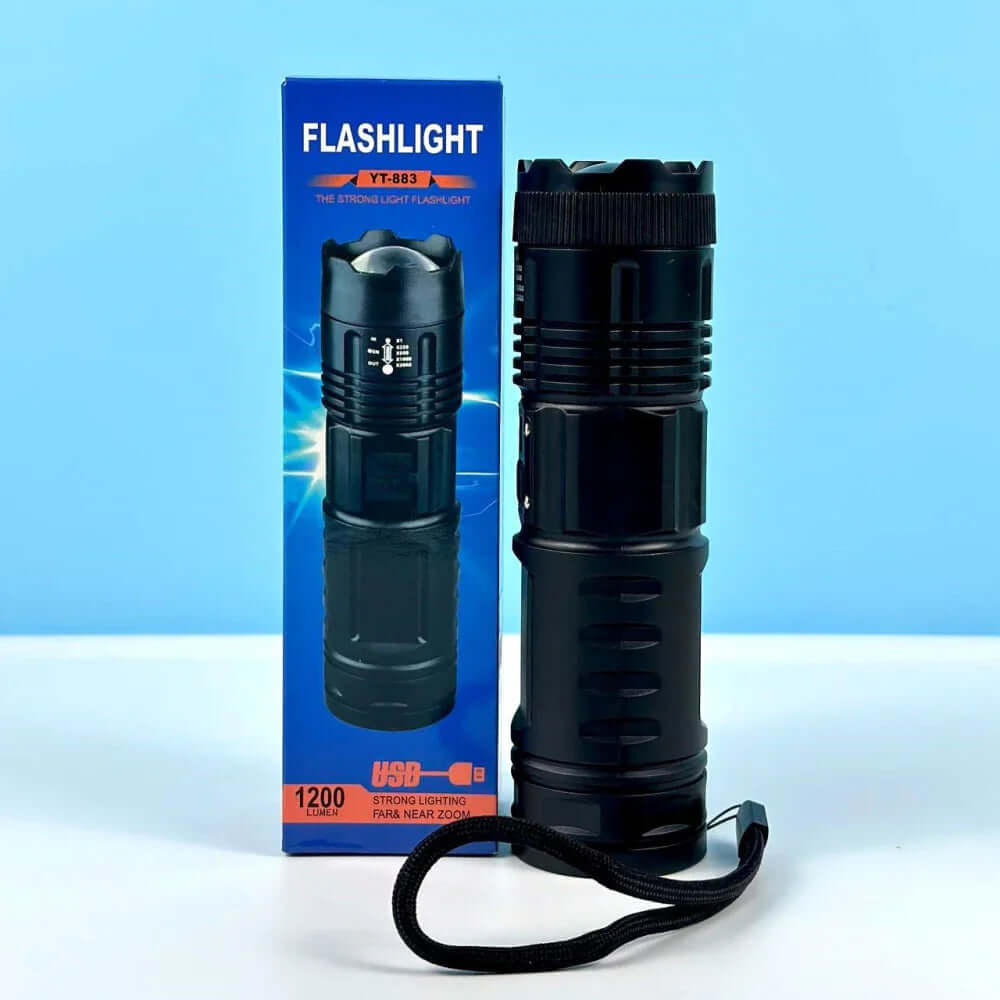 Lanterna LED reincarcabila 1200 lumeni cu cutie, model YT-883, USB compatibil